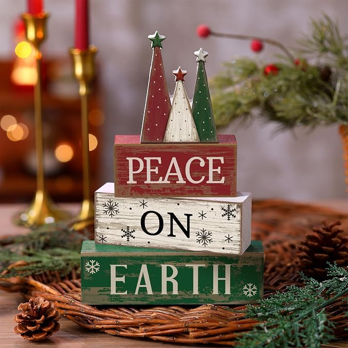 Lineshading 4 Pcs Christmas Table Decoration Wooden Christmas Tree Signs | Stackable Wooden Signs with Tree Topper for Tiered Tray, Rustic Tabletop Mantel Decor, Farmhouse Holiday Gift Accent