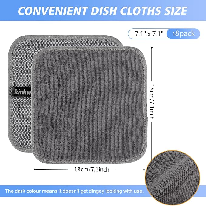Dish Cloths for Washing Dishes with Scrub Side, Microfiber Dish Rags | Dual-sided microfiber dish cloths with scrubber for stuck-on food, quick dry kitchen washcloths 18 Pack, 7" x 7 Inch Gray