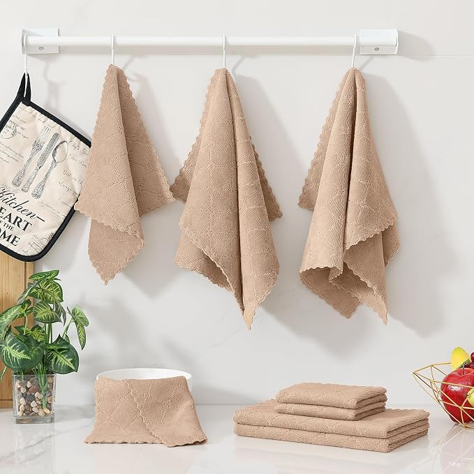 Homaxy Super Soft 12 Pack Kitchen Towels and Dishcloths Set, Tan | Ultra-Absorbent, 10 x 10 and 13 x 19 Inches, Coral Velvet, No Lint, Nonstick Oil, Fast Drying, Microfiber Cleaning Cloth