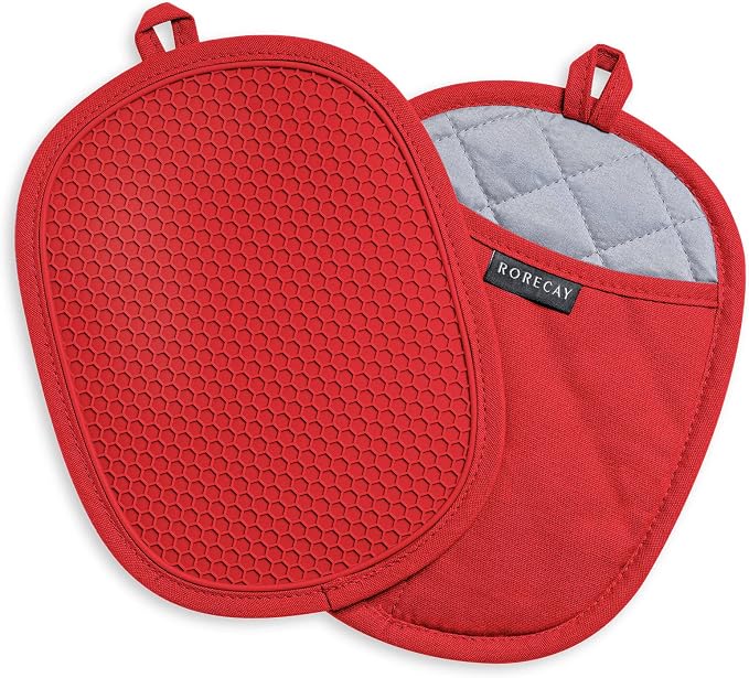 RORECAY 2-Pack Silicone Pot Holders for Kitchen, Hot Pads with Pocket, Red | Heat Resistant up to 500°F, Quilted Cotton Potholders, Non-Slip & Waterproof Trivets for Hot Pots, Pans, and Countertops