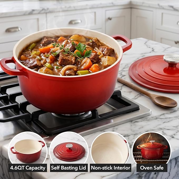 OVENTE 4.6 Qt Aluminum Dutch Oven with Lid, Red DOA546R | Non-Stick Coated Cookware for Sourdough Bread Baking, Braising, Cooking Soups & More, Dishwasher Safe, Works on All Stovetops
