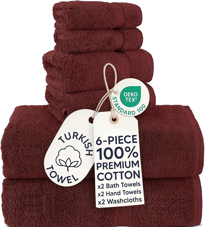 Chakir Turkish Linens 100% Cotton 6-Piece Towel Set, Cranberry | 100% cotton 6-pc set, OEKO-TEX certified: 2 bath 30x60, 2 hand 16x30, 2 washcloths 13x13