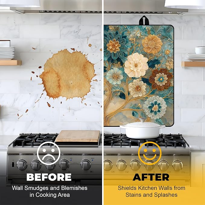 NYZE Stove Top Cover for Electric Stove 28x20 Inch Silicone Stove Topper & Protector, Decorative Kitchen Mat for Electric/Glass Stove Top (Cream & Gold Floral Tree)