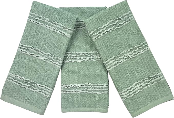 Sage Green Kitchen Hand Dish Towels, Set of 3, 100% Cotton, 18" x 28" | Modern Farmhouse Textured Stripe Weave, Oversized Dish Cloth, Soft & Absorbent, Quick Dry, Multipurpose Everyday Use
