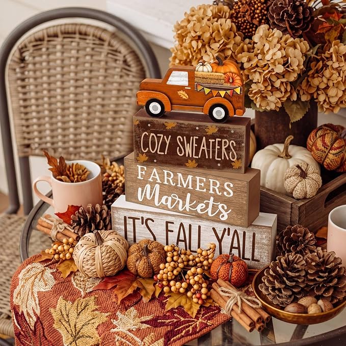 Lineshading 4 Pcs Fall Wooden Block Table Decor Stacked Signs Truck Topper | Rustic Farmhouse Tiered Tray Decoration, Sayings Cozy Sweaters Farmers Markets Its Fall Yall, Autumn Tabletop Centerpiece
