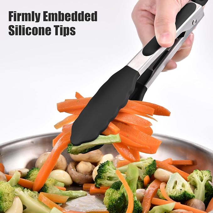 Doosu Kitchen Tongs with Silicone Tips for Cooking Serving (7in, Black) | 600°F Heat Resistant Food Tong, Heavy Duty Stainless Steel Locking Tong for BBQ, Grilling Steak, Salad, Toast, Pasta