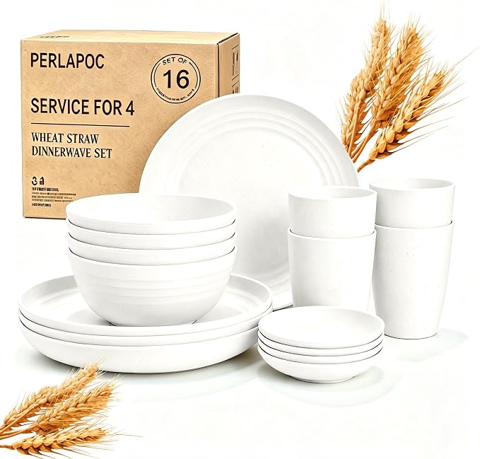 Wheat Straw Plates and Bowls Sets of 16，Unbreakable Dinnerware Sets for 4, Microwave & Dishwasher Safe Kids Dish Set for Kitchen, Outdoor, Camping, Party, RV- White