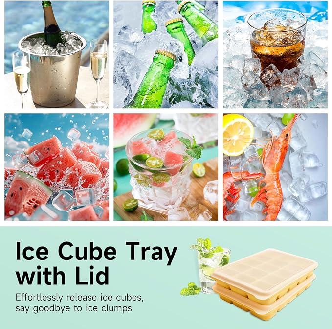 Tvmania Ice Cube Trays Set of 2, 15-Cube Silicone Molds with Removable Lids | Stackable, easy release, BPA-free, reusable, for freezer and whiskey