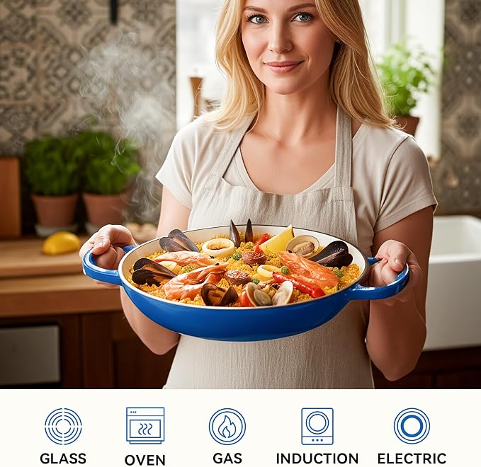 3 Quart Enameled Cast Iron Braiser, Non Stick Enameled Cast Iron Skillet with Lid, Dutch Oven Skillet with lid up to 500°F for Oven, Stove, Grill, Shallow Dutch Oven for Cook, Bake (Blue)