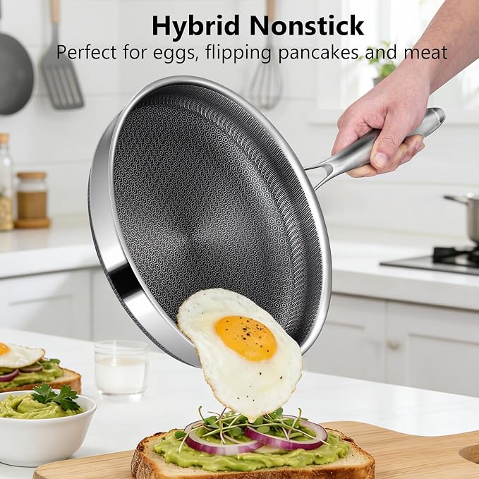 Non Stick Frying Pans, 12-inch with Lid, Hybrid Frying Pans Nonstick Stainless Steel Skillets, Dishwasher & Oven-Safe, Stay-Cool Handle, PFOA Free Cookware, Compatible with All Cooktops