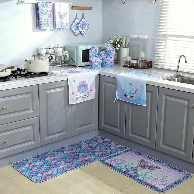 Fourluoo 10 Pcs Mermaid Kitchen Dish Towels Rugs Oven Mitts and Pot Holders Set Farmhouse Kitchen Decor Set for Women Mom Daughter Gift Cooking Baking Grilling