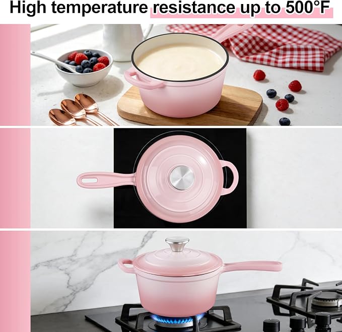 1 Quart Sauce Pan with Lid, Leonyo Small Cooking Pots, Enameled Cast Iron Cookware Set Simmer Pots for Kitchen Induction Boiling Soup, Bread, Ramen - Up to 500°F & Oven Safe, Pink