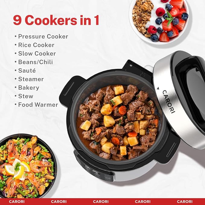 CARORI Electric Pressure Cooker 6 Quart Silver, Non-stick Pot, 9-in-1 Instant Pot, 12 Preset Functions with Touchscreen, Safe Steam Release, Stew, Slow Cook, Rice, Sauté, Warmer