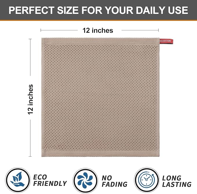 Kitinjoy 100% Cotton Waffle 8-Pack Kitchen Towels, 12" x 12", Tan | Ultra Absorbent, Super Soft, lightweight, Quick Drying Dish Rags for Washing Dishes