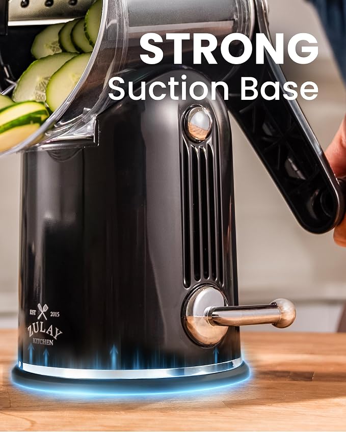 Zulay Kitchen Rotary Cheese Grater 5 Blade Cheese Shredder - Manual Hand Crank Cheese Grater With Reinforced Suction & 5 Interchangeable Drums - Easy to Use, Vegetable Chopper Round Mandoline Slicer