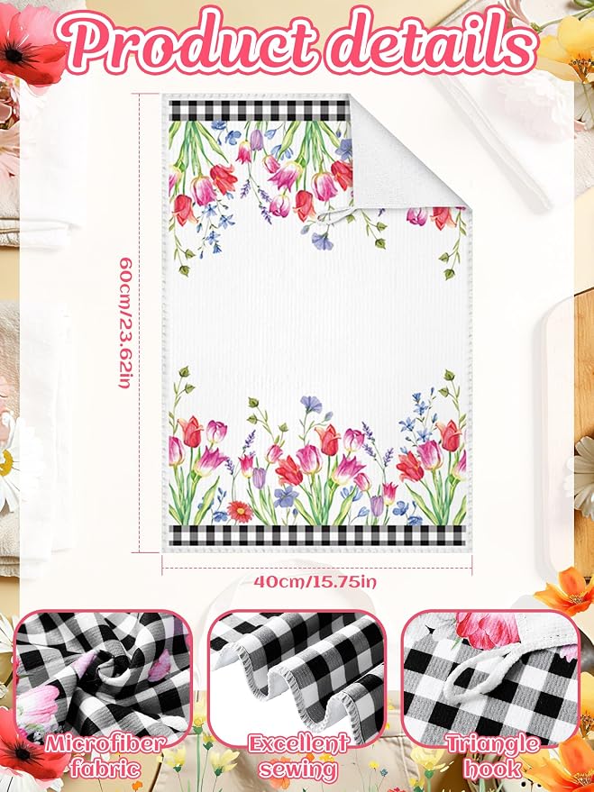 4 Pcs Tulip Kitchen Towels Floral Flower Hand Dish Towels | Pink White Wildflower Fast Drying Decorative Tea Dishcloth Housewarming Gift for Women Home Cooking Kitchen Bathroom Decor