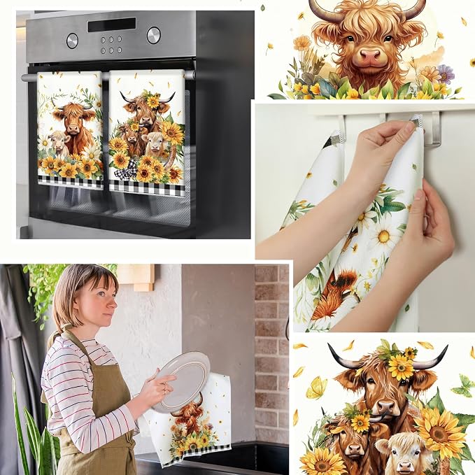 VitalCozy 8 Pcs Highland Cow Kitchen Towels Pot Holders Oven Mitt Set Absorbent Highland Cattle Dish Towels Square Potholders Watercolor Heat Resistant Glove for Home Cooking Baking Gift(Sunflower)