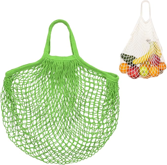 M METERXITY 1-Pack Cotton Mesh Bag, Reusable Washable Mesh Net String Grocery Bags, Reusable Produce Bags with Handle, Net Tote Bag for Fruits/Vegetables Shopping [Green, Short Handle]