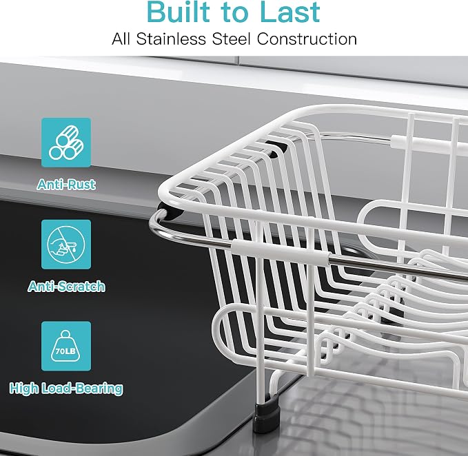 JASIWAY White Dish Drying Rack in Sink with Utensil Holder, RV, Apartment | Over Sink Expandable Stainless Steel Dish Drainers for Compact Kitchen, Space Saving, Fast Drain, Rustproof, For 1-2 people
