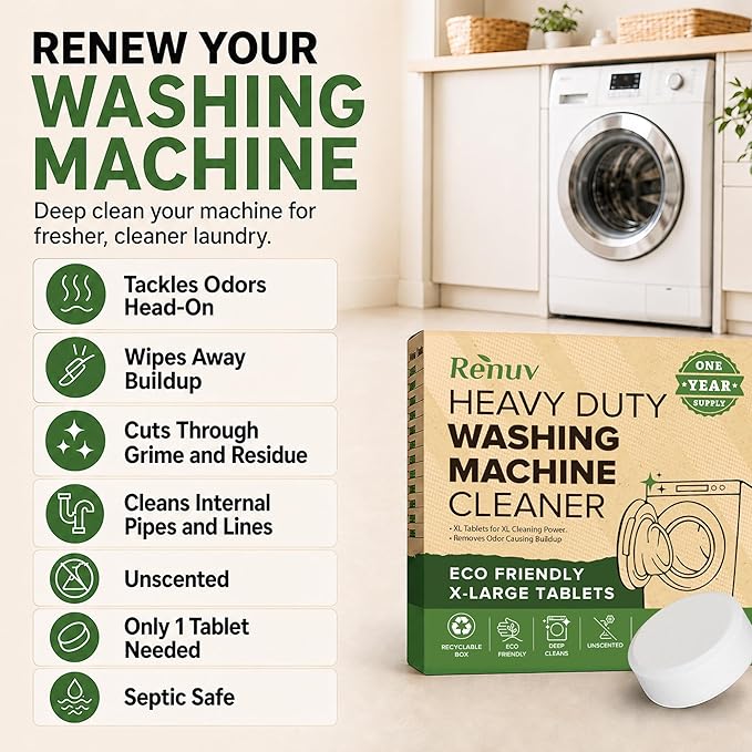 Renuv® Heavy Duty Washing Machine Cleaner & Descaler, 12 XL Tablets | Deep Cleaning Tablets Remove Residue, Grime Buildup, Front Load or Top Load Washer, HE and Septic Safe, 1 Year Supply