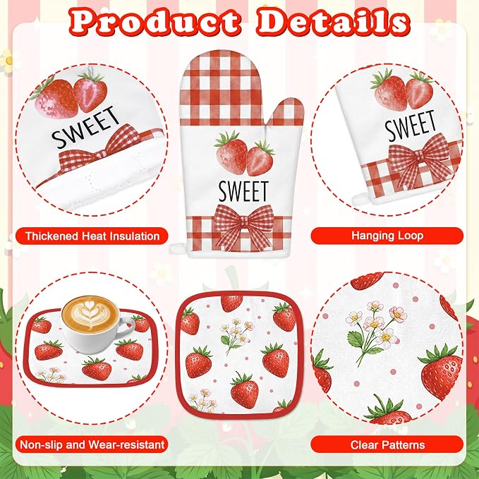 Tieshankao 10Pcs Strawberry Kitchen Decor Accessories Set | Kitchen Towels, Oven Mitts, Pot Holders, Rugs and Mats, Strawberry Fruit Theme, Baking Supplies, Housewarming Gifts