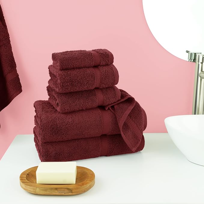 Chakir Turkish Linens 6 Piece Towels Set, 100% Cotton Luxury Turkish Towels for Bathroom, Soft Absorbent Bath Towel Set with 2 Bath Towels 2 Hand Towels 2 Washcloths, Cranberry