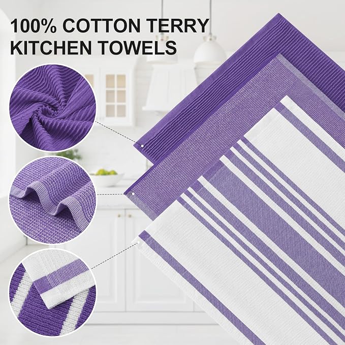 Homaxy Cotton 380 GSM Premium Kitchen Towels, 18"x 28", 9 Pack, Purple | Soft and Absorbent Terry Dish Towels, Multipurpose Tea Towel Set with Hanging Loop, 3 Styles Kitchen Hand Towels
