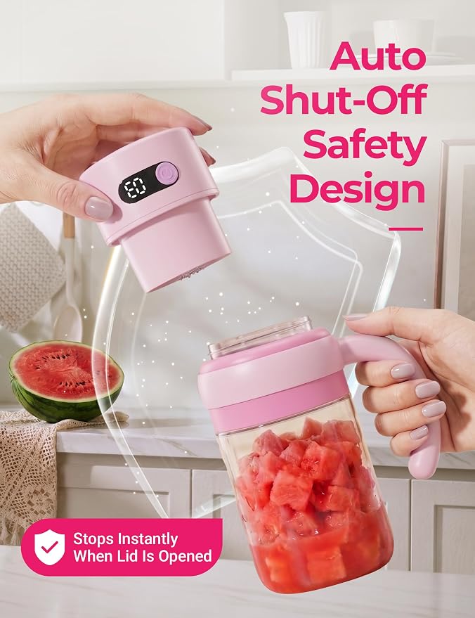 Portable Juicer Blender Cup, USB-C Rechargeable, Pink | LED display, cordless use and dual lids for fruit drinks, protein shakes and small ice cubes; 500ml max blending.