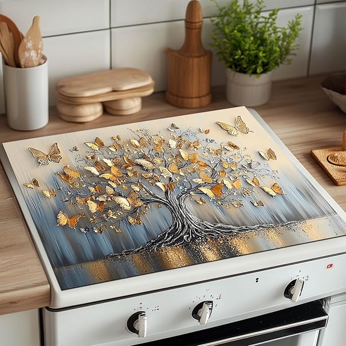 HOMETITUTE Golden Butterfly Tree Stove Top Cover 28x20 Metallic Diatomite Mat