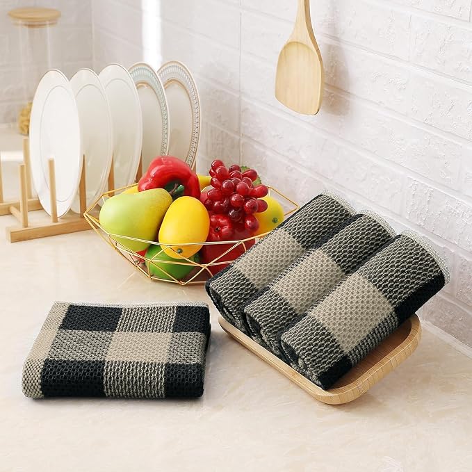 Homaxy Kitchen Towels and Dishcloths Set, Set of 12, Black & Tan | Bulk Cotton Waffle Weave Check Plaid Kitchen Towels, Super Soft and Absorbent Dish Cloths, 12 x 12 and 13 x 28 Inches