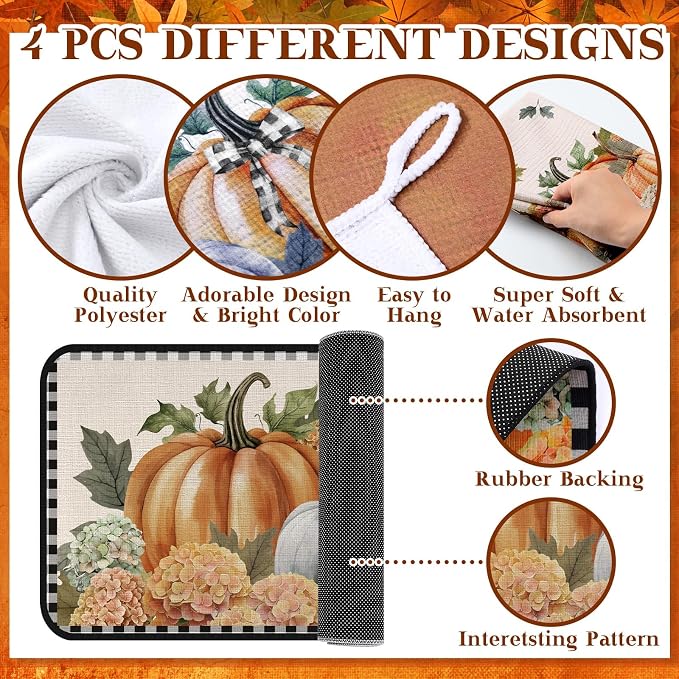 Fanfanwin 10 Pcs Fall Pumpkin Kitchen Decor Set Kitchen Towels Pot Holders Oven Mitts and Rugs Set Pumpkin Flower Decorations for Baking Cooking BBQ Autumn Home Housewarming Gifts