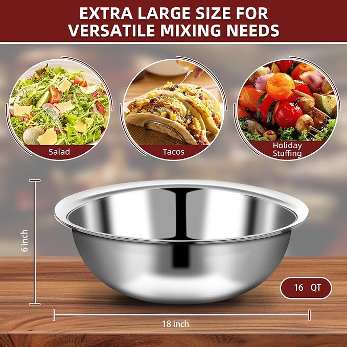 6 Pcs Stainless Steel Mixing Bowls Metal Mixing Bowls Extra Large Basin Salad Bowl with Deeper Edge, Dishwasher Safe, Mirror Finish for Home and Commercial, Silver (18 Inch 16 Qt)