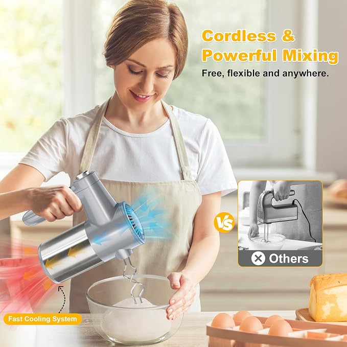 binROC Cordless Electric Hand Mixer, 7-Speed with Storage Base, Silver | Rechargeable, Eject Button, Long Battery, Quiet Anti-Splash, 6×304 Stainless Attachments, Self-Stand for Cake, Dough Baking