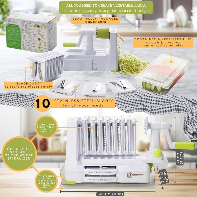 Brieftons 10-Blade Vegetable Spiralizer: Zoodle Maker & Veggie Noodle Maker, Potato String & Curly Fry Cutter, Japanese Steel Blades, Catch Container, Strong Suction Pad, 4 eBooks | Keto, Vegan, Paleo