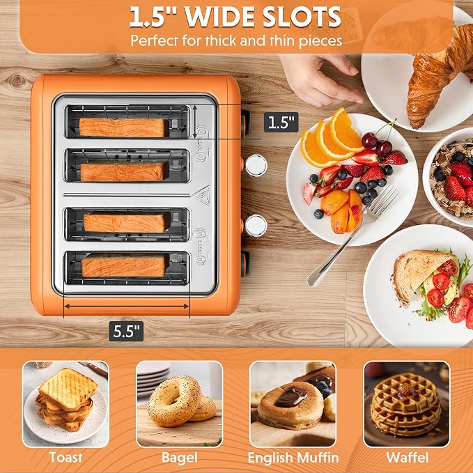 BUYDEEM DT640 4-Slice Toaster, 7 Shade Settings, Extra Wide 1.5’’ Slots for Bagel & English Muffin, 6 Toasting Functions, Retro Stainless Steel Toaster with High Lift Lever, 1800W, Orange