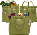 Nook Theory 3-Pack Reusable Grocery Bags - Heavy Duty, Large 12 Oz Cotton Canvas Reusable Shopping Bags With Pockets, 100% Cotton Cloth Grocery Totes, Foldable Multi Compartment (Sage)
