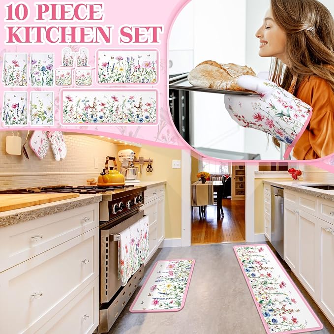 Fourluoo 10 Pcs Wildflower Kitchen Dish Towels Rugs Oven Mitts and Pot Holders Set Farmhouse Kitchen Decor Set for Women Mom Daughter Gift Cooking Baking Grilling (Pastel Pink White)