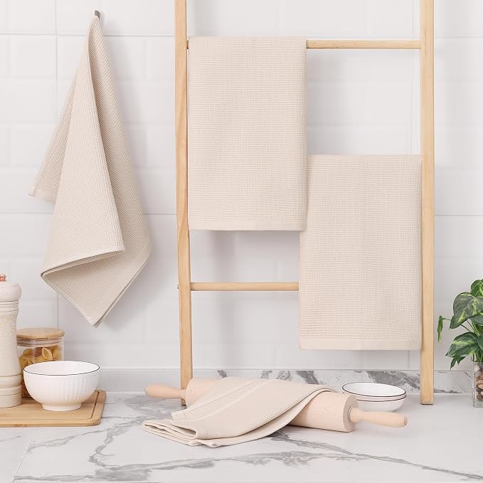 Homaxy 100% Cotton Waffle Weave Kitchen Towels, 12 Pack, Beige | Soft and Absorbent Dish Towels, 16 x 26 Inches Quick Dry Hand Towels