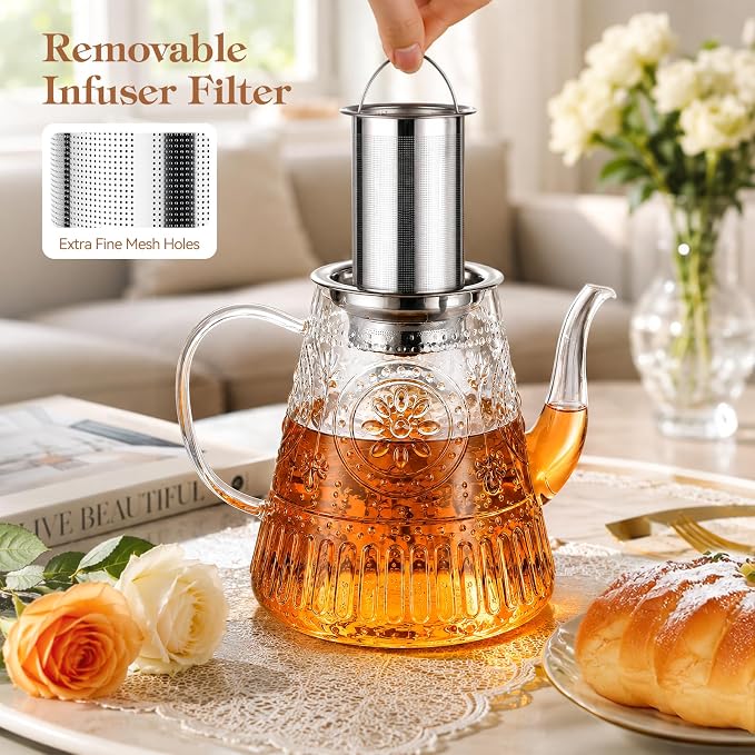 1500ml/52oz Large Glass Teapot, Zpose Vintage Tea Pot with Infuser for Loose Tea, Stovetop Glass Tea Kettle with strainer for 6-7 Cups