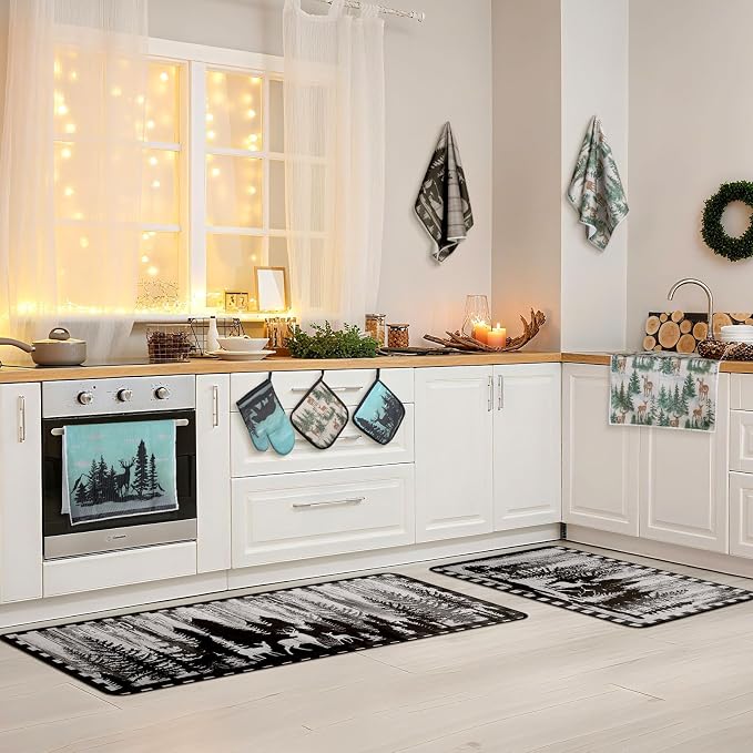 Fourluoo 10 Pcs Farmhouse Kitchen Decor Set Dish Towels Kitchen Rugs Oven Mitts and Pot Holders for Cooking Baking Grilling Women Mom Daughter Gift(Brown,Green,Forest)