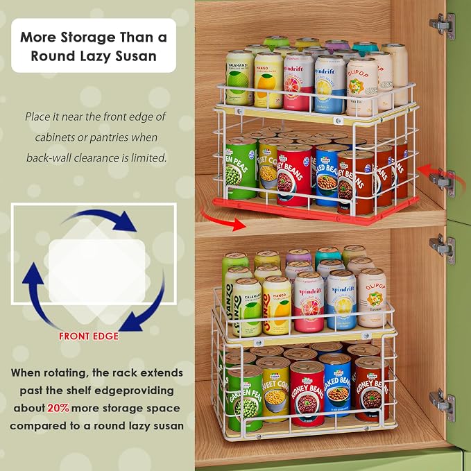 360° Rotating Lazy Susan Can Organizer for Pantry, Holds 26 Cans, White | 2-Tier Metal Wire & Wood Turntable Can Rack Holder, Storage for Canned Goods, Kitchen Pantry Cabinets & Countertops
