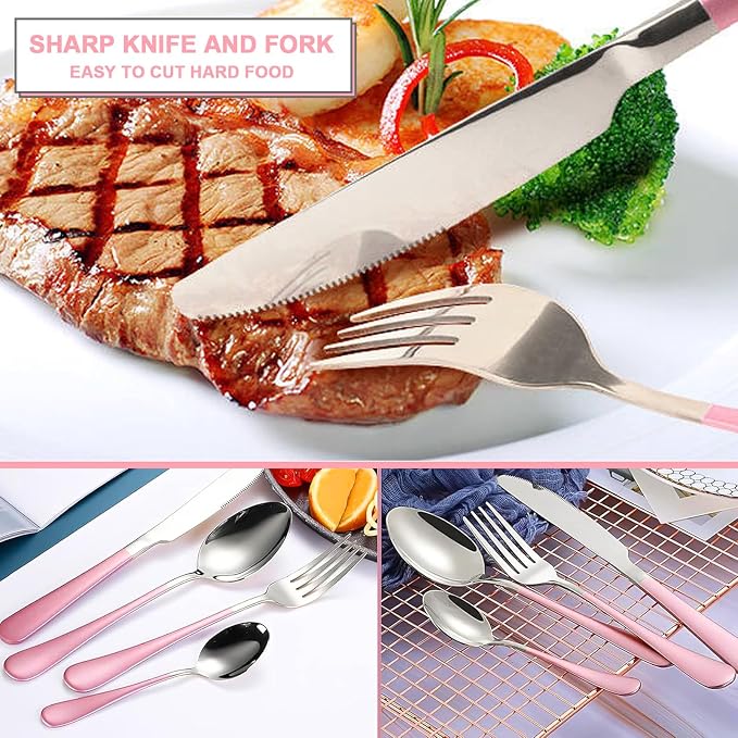 24 Pieces Silverware Set, Stainless Steel Cutlery Set with Holder, Flatware Set for 6 Person Tableware Set Includes Dinner Knives Forks Spoons Teaspoons, Mirror Polished (Pink)