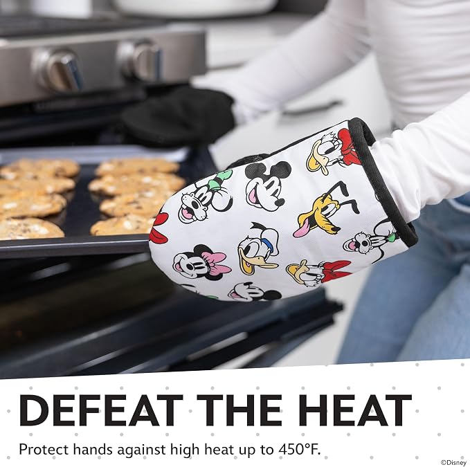 Disney Mickey & Friends Mini Oven Mitts, 2-Pack, Heat Resistant 450F | Compact 5.5"x7.5" pot holders for kitchen, printed silicone offers non-slip grip, ambidextrous, hand wash or spot clean