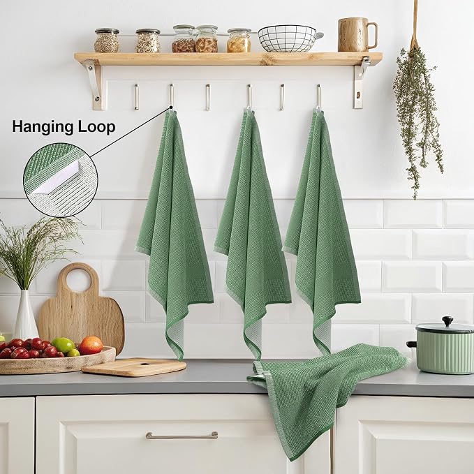 Mordimy Premium Cotton Kitchen Towels (18"x 28", 8 Pack), Grass Green | 100% Ring Spun Cotton, Super Absorbent, 380 GSM, Flat & Terry, Soft, Hanging Loop Dish Towels