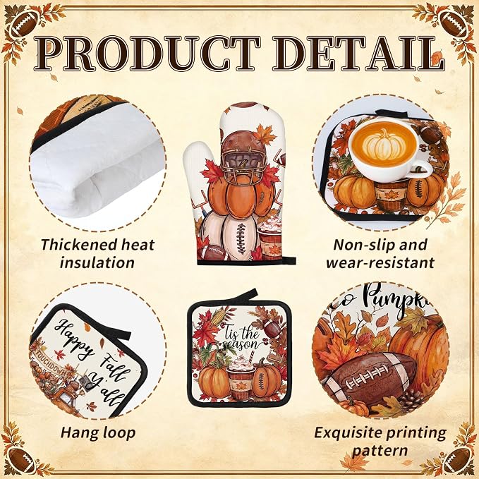 Fanfanwin 10 Pcs Fall Football Kitchen Decor and Accessories Set Autumn Kitchen Towels Pot Holders Oven Mitts and Rugs Set Football Decorations for Home Baking Cooking BBQ Housewarming Gifts