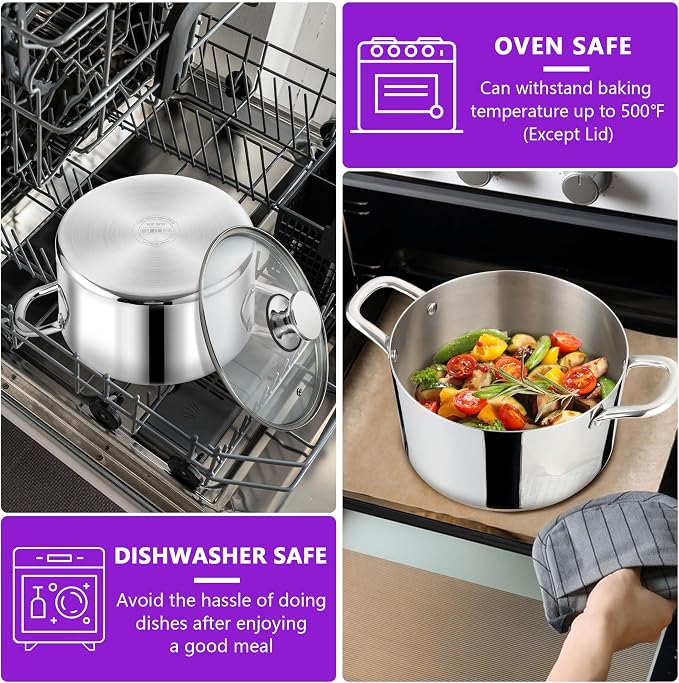 P&P CHEF 5 Quart Tri-Ply Stainless Steel Stock Pot, Cooking Pot with Lid | 5 Qt Stockpot for Soup Pasta Vegetable, Induction Cookware for All Stoves, Sturdy & Double Handle, Oven & Dishwasher Safe