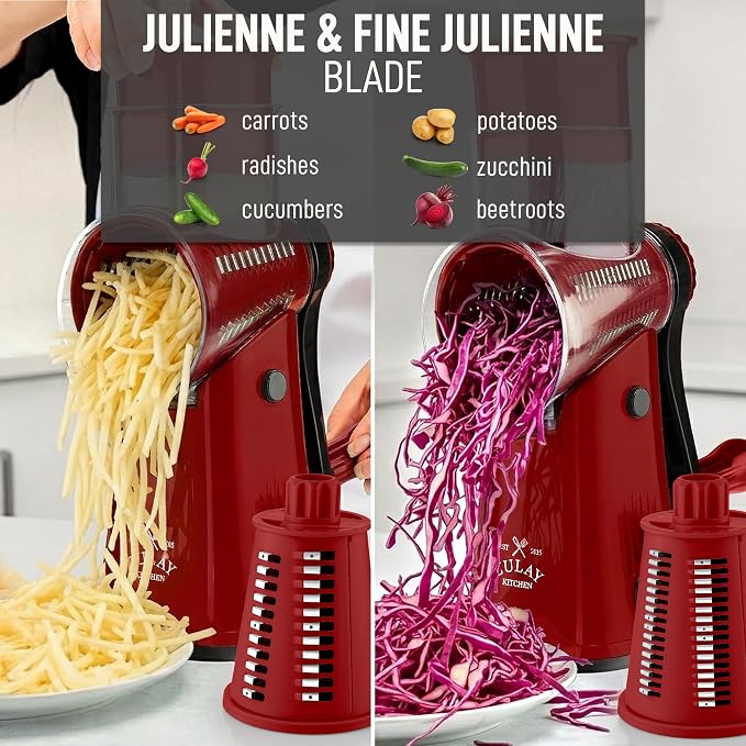Zulay Kitchen Rotary Cheese Grater 5 Blade Cheese Shredder - Manual Hand Crank Cheese Grater With Reinforced Suction & 5 Interchangeable Drums - Easy to Use, Vegetable Chopper Round Mandoline Slicer