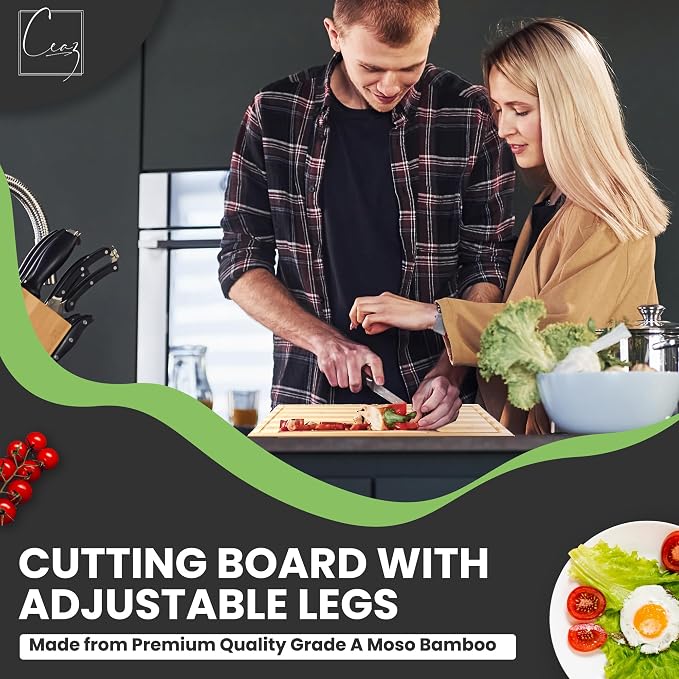 Ceaz Bamboo Cutting Board with Adjustable Legs - Raised Stovetop Cover, Wood Chopping Butcher Block with Juice Grooves for Kitchen, RV, Camper - Complete with Silicone Food Covers