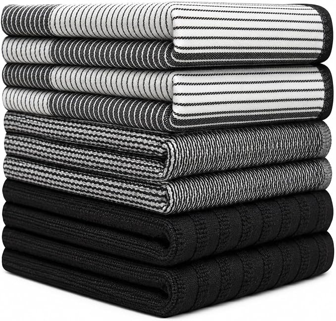 Premium Kitchen Towels 6 Pack 100% Cotton, 20"x28" Dish Towels - Black | Large Flat & Terry Kitchen Linen Set with Hanging Loops, Highly Absorbent for Washing and Drying Dishes