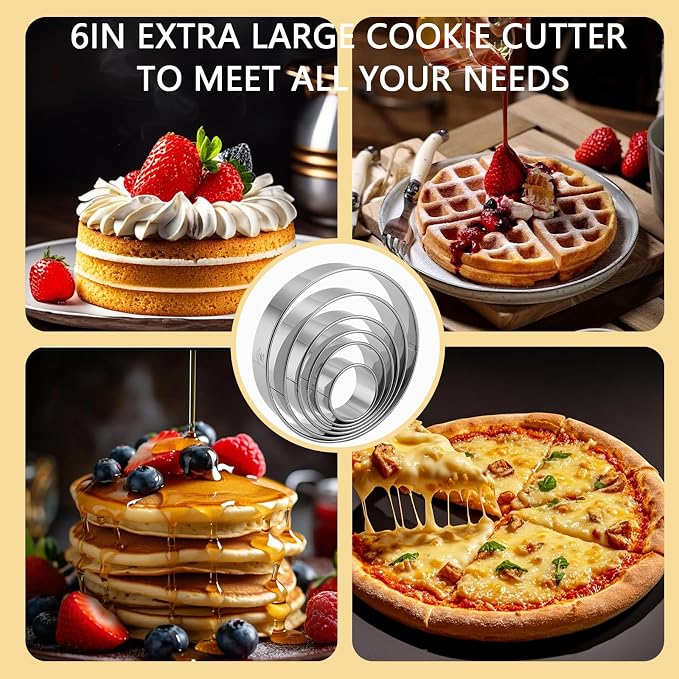 6-Piece Round Cookie Cutters (2, 3, 3.5, 4, 5, 6 Inch) Biscuit Cutter Set | Dishwasher Safe, Laser-Etched Sizes, Stainless Steel Circle Cookie Cutter for Baking, Thick Dough, Biscuits & Fondant